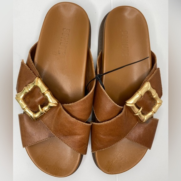 Schutz Enola Crossed Flat Women's Brown Slide Sandals with Gold Buckle - Picture 1 of 7